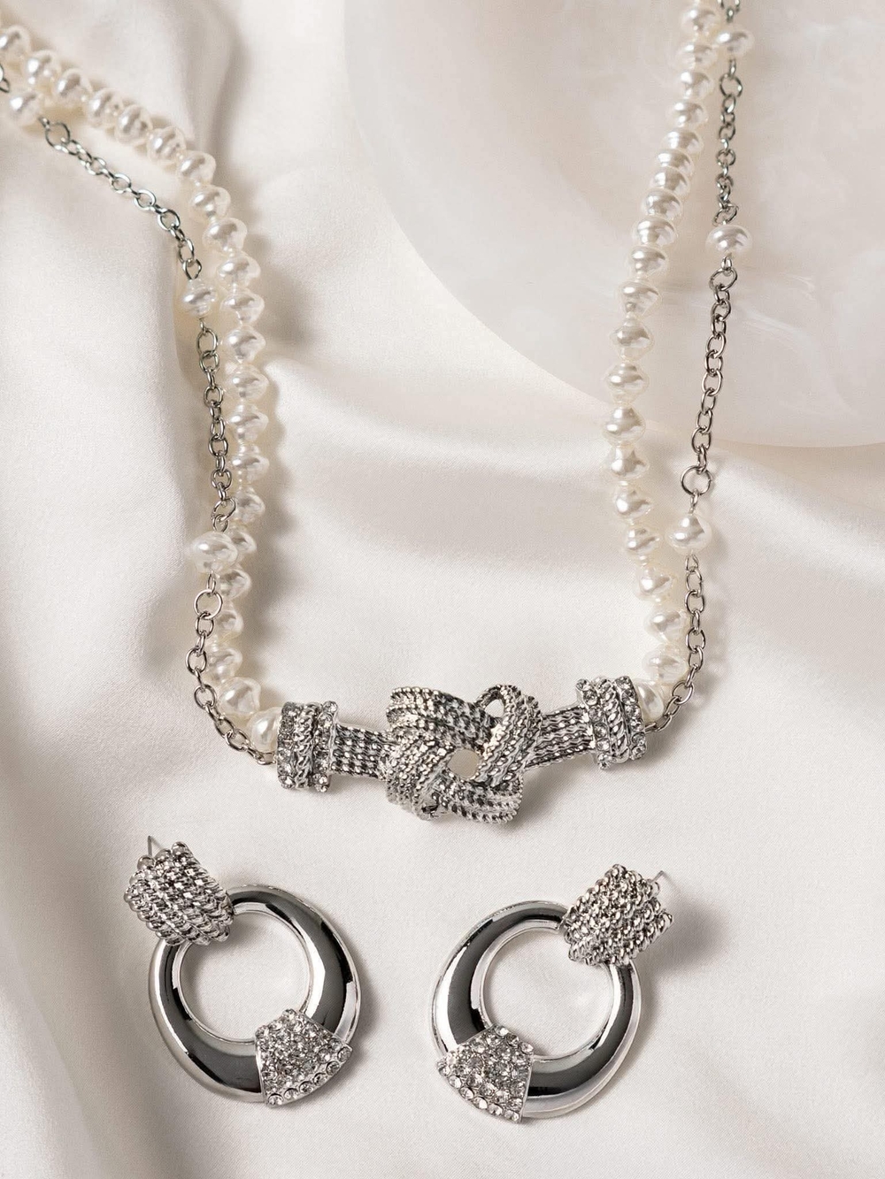 Elegant Silver Knot Pearl Necklace and Hoop Earring Set